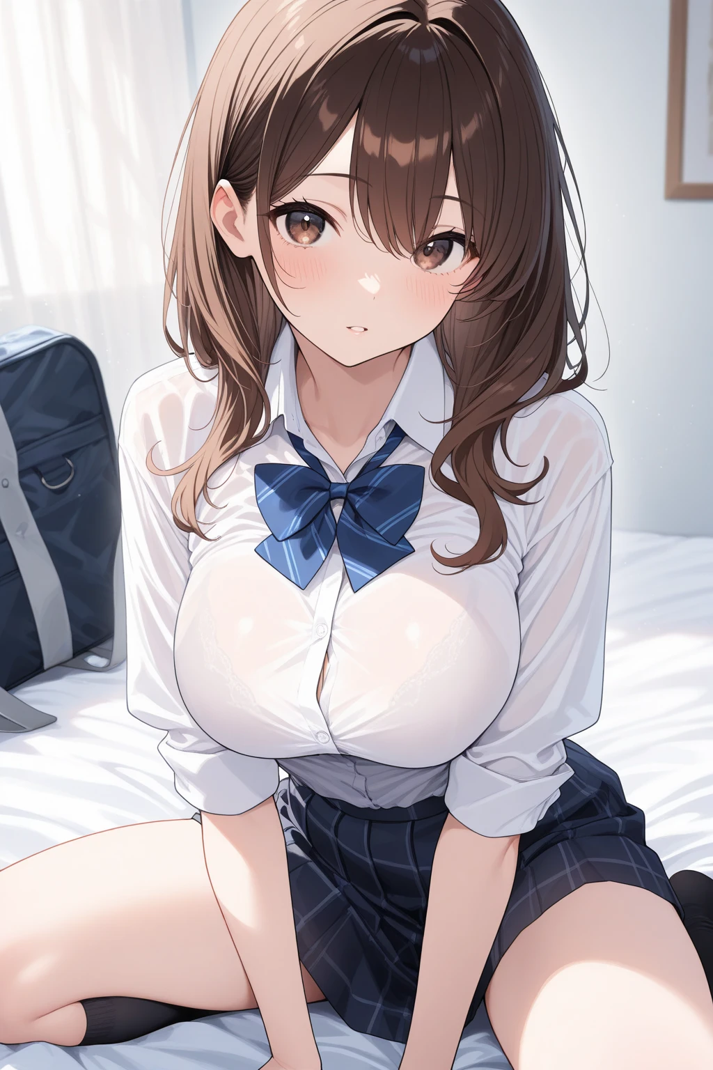 one girl, paizuri, boob job, lick head of penis, pony tail, school blazer, medium breasts, naive