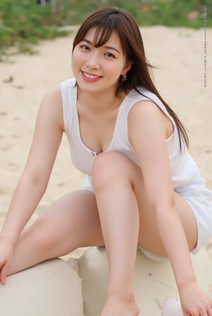 (8k、RAW Photos、Highest quality、masterpiece:1.2)、(Realistic、Photorealistic)、1 Girl、Beach、naked、nude、Beautiful breasts、Pink areola、Beautiful nipples、On all fours、Your buttocks are facing you.、Beautiful pussy、Hairless pussy、Big Breasts、こちらを向いてsmile、Lots of eyelashes、Add shine to your eyelids、skeletally correct、smile、