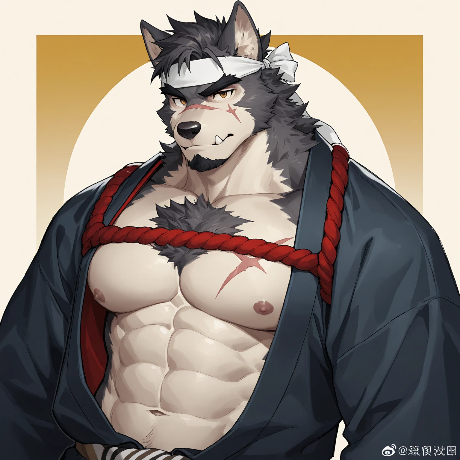 Solo, male, standing with boner, pulling, by bigcozyorca, by goonie-san, by bebebebebe, by spikedmauler, facing viewer, tyrannosaurus hybrid, fluffy ears, bushy tail, buff, shrine robes, pulling loincloth down, showing off bulge, showing off, japanese temple background, open mouth, detailed mouth, tongue hanging out, drooling, smirking, eductive smile, lustful grin, bulge, bulging, hard bulge, adjusting hard bulge, adjusting bulge, adjusting crotch, masterbating, jacking off, touching dick, big erect cock