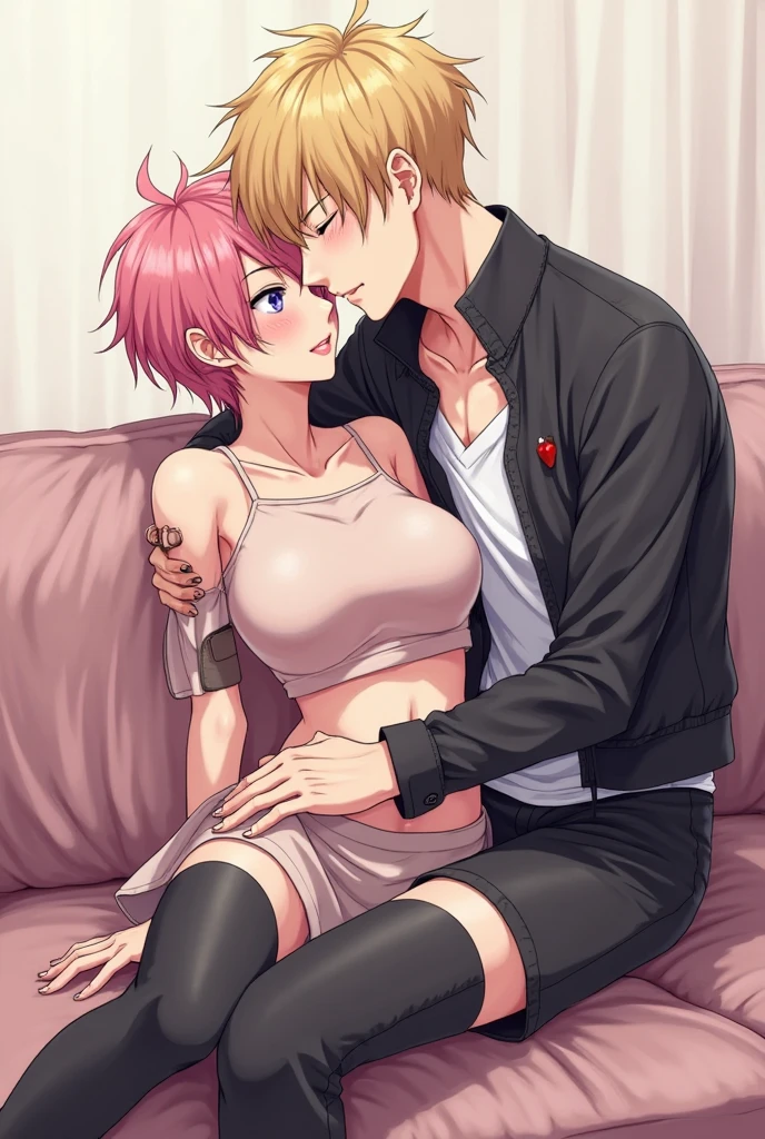 Masterpiece, best quality, from side,Hoshizora rin, yellow eyes, orange hair, short hair,(pink tight crop top), halter neck,elbow gloves, (pink latex skirt), in street , 1girl, bottomless,breasts, blush, bangs, 1boy, bow, collarbone, hetero, nude, sweat, penis,69 position, from_side, pubic_hair, completely_nude, testicles, male_pubic_hair , magical girl, lipstick marks on penis , kissing his penis , cum in mouth