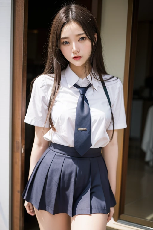 White collared shirt, blazer, ちょうtie, tie, Pleated skirt, Micro Mini Skirt, Bobby Socks, , White socks, loafers, School boots,striped panties,(( Panty shot, Panty Shot)),,Roll up your skirt.Cowboy Shot.Spread your legs.((whole body)).23 years old .Pee stains