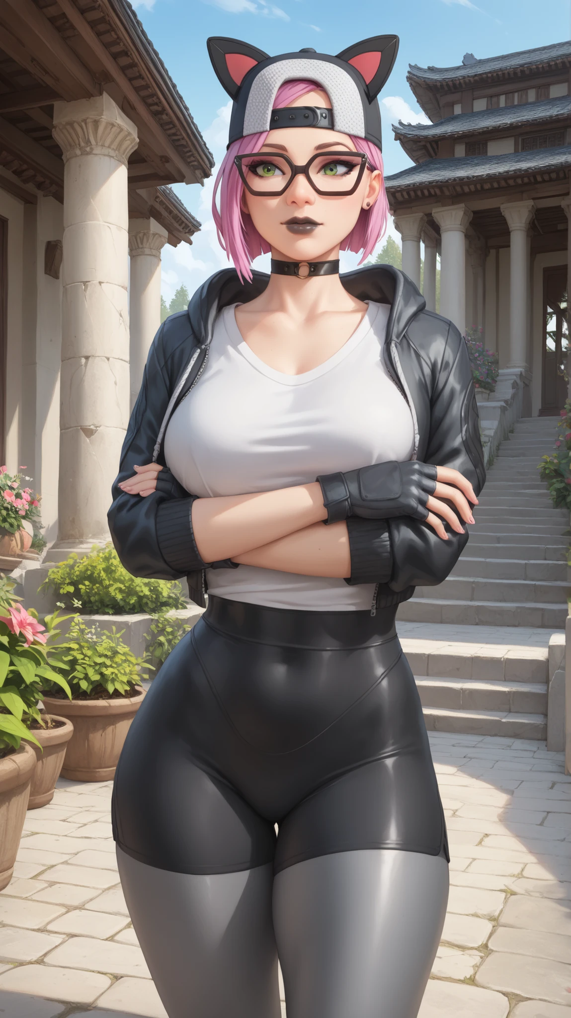 1 chica , de pie, (solo), mirando al espectador, alto detallado,Extremadamente detallado, Ojos finos, sonrisa,dynamic pose, pelo corto rosa,gorra,top corto, chaqueta negra, guante sin dedos,con curvas,anteojos, leggins azul y negro