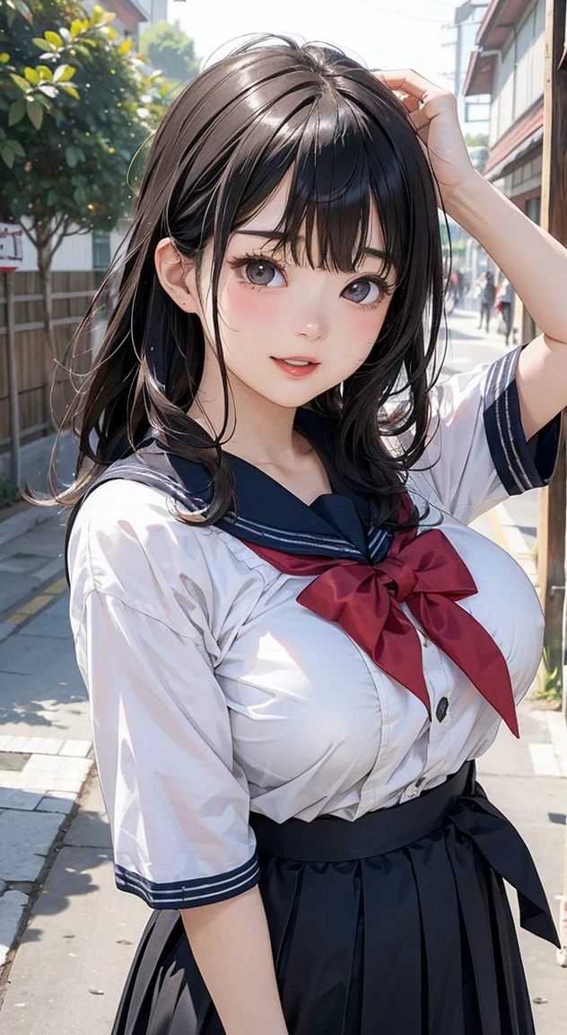 Photo of a 6-year-old Japanese girl 。The girl has jet black hair、With bangs、eyes are big and black。She is wearing a blue sailor suit、Features a white collar and red trim。The background is the natural roadside、A girl is doing a sexy random pose、She has a gentle expression as she looks into the camera、(Big Breasts:1.6)