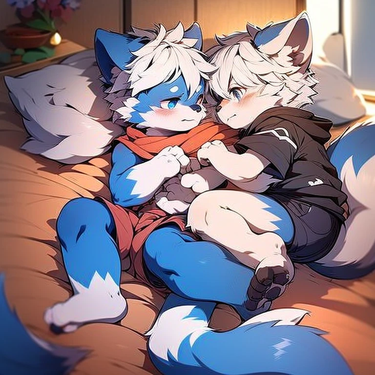 kemoshota, best quality,best resolution,(fluffy anthro furry :1.6),(young :1.6), albino white fox shota, albino whihte fur, 2boys kemoshota lovers, heavy breath, plenty drool, dynamic angle, penis, frot