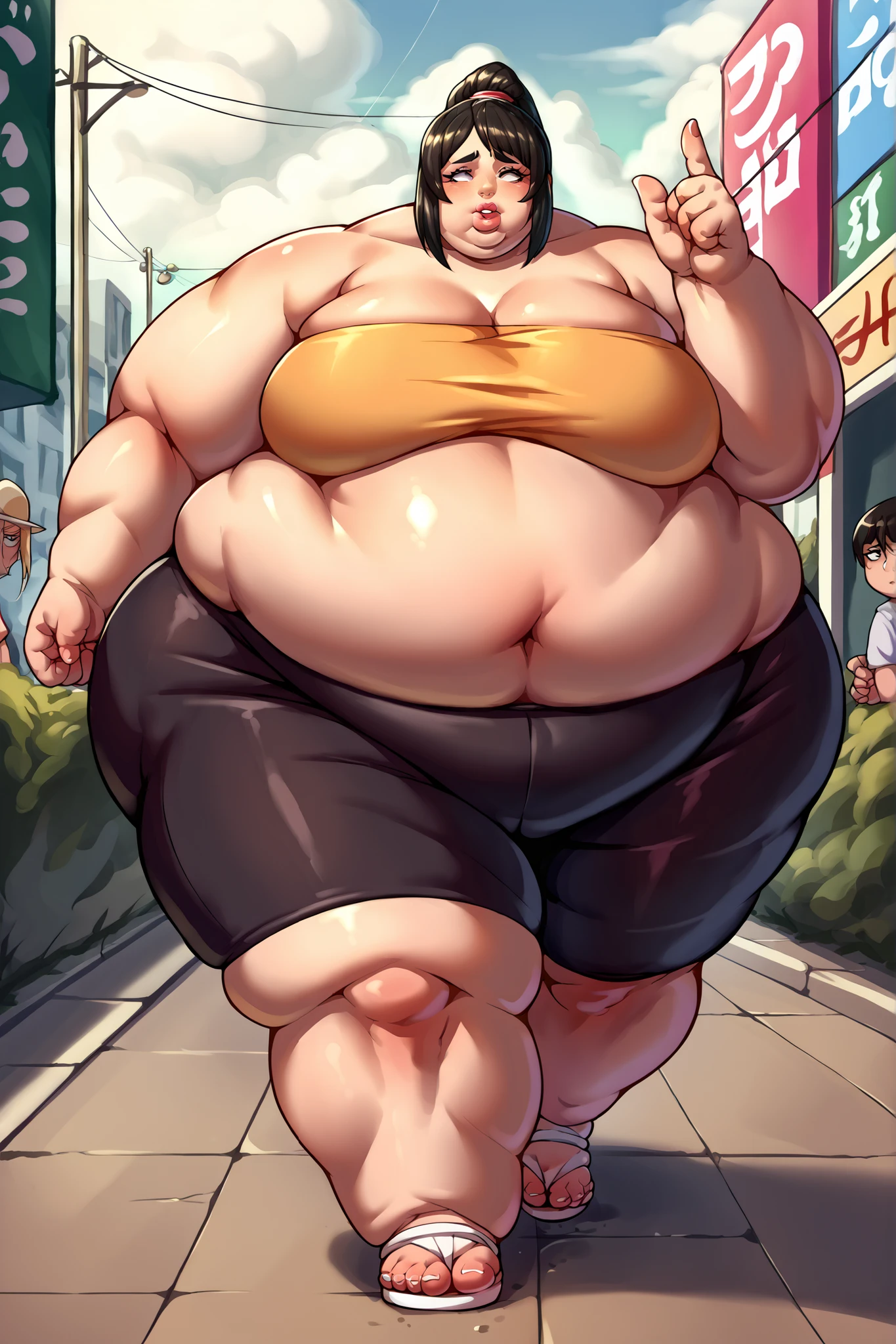 score_9, score_8_up, score_7_up, source_anime BREAK 1girl, solo, shihop5, black hair, ponytail, tube top, black bike shorts, sandals, giant hands, giant feet, fat, chubby, obese, gigantic arms and legs, gigantic breasts, sagging breasts, full body shot, fat face, chubby face, double chins, big lips, fat hands, fat finger's, chubby hands, chubby fingers, arms to the side, walking in public,