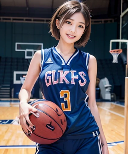a basketball girl player in uniform dribbling ball in basketball match, 1girl, basketball, basket uniform, solo, short hair, realistic, brown hair, large breasts, brown eyes, beautiful, model, best quality, masterpiece, cute, various posing, clear face, ultra high res, (photorealistic) , High detail RAW, [:(highly detail face: 1.3):0.1], Top quality, age 21, 35mm lens, f/1, seductive smile.