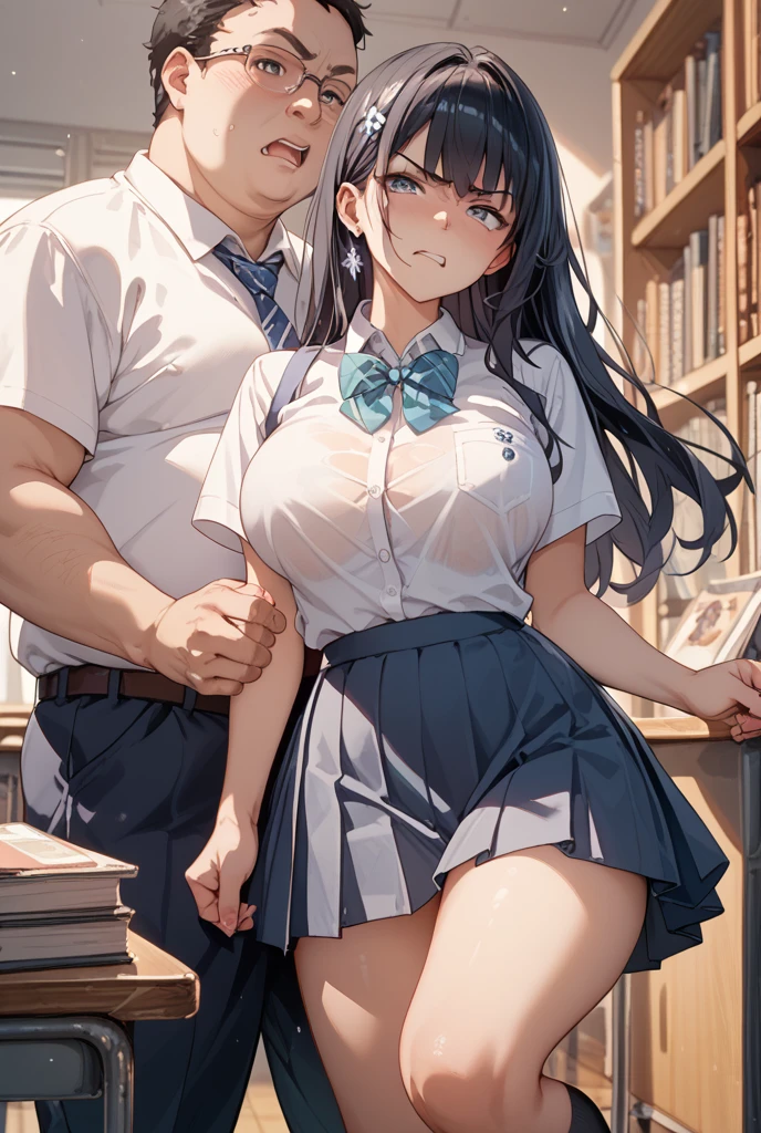8K,highest quality, muste piece,long hair,Very huge!,(1 girl:1.6),(1 slender handsome man:1.5),(((1 boy, a boy is grabbing girl’s breasts from behind:1.5))),(bra:1.5),((Boy grabbing his chest from the top of his clothes:1.5)),(spread legs:1.4),Big breasts that are about to burst,(very huge breasts:1.4),emphasize the chest,Plump nipples,(embarrassed:1.3),(super mini skirt:1.4),(Panties that get wet:1.4),(classroom:1.5),(heart mark:1.2)