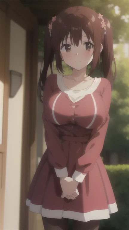 smile,large breasts,outdoors,street,walking, 
1girl,twintails,brown hair,brown eyes,long hair,bangs,hair ornament,two side up,
collarbone,red dress,large breasts,pantyhose,long sleeves,,Exquisite visuals, high-definition,masterpiece,best quality,, 18yo,Young female,Beautiful Fingers,Beautiful long legs,Beautiful body,Beautiful Nose,Beautiful character design, perfect eyes, perfect face,expressive eyes,
official art,extremely detailed CG unity 8k wallpaper, perfect lighting,Colorful, Bright_Front_face_Lighting,shiny skin, 
(masterpiece:1.0),(best_quality:1.0), ultra high res,4K,ultra-detailed,
photography, 8K, HDR, highres, absurdres:1.2, Kodak portra 400, film grain, blurry background, bokeh:1.2, lens flare, (vibrant_color:1.2), (beautiful_face:1.5),(narrow_waist), ,NSFW,