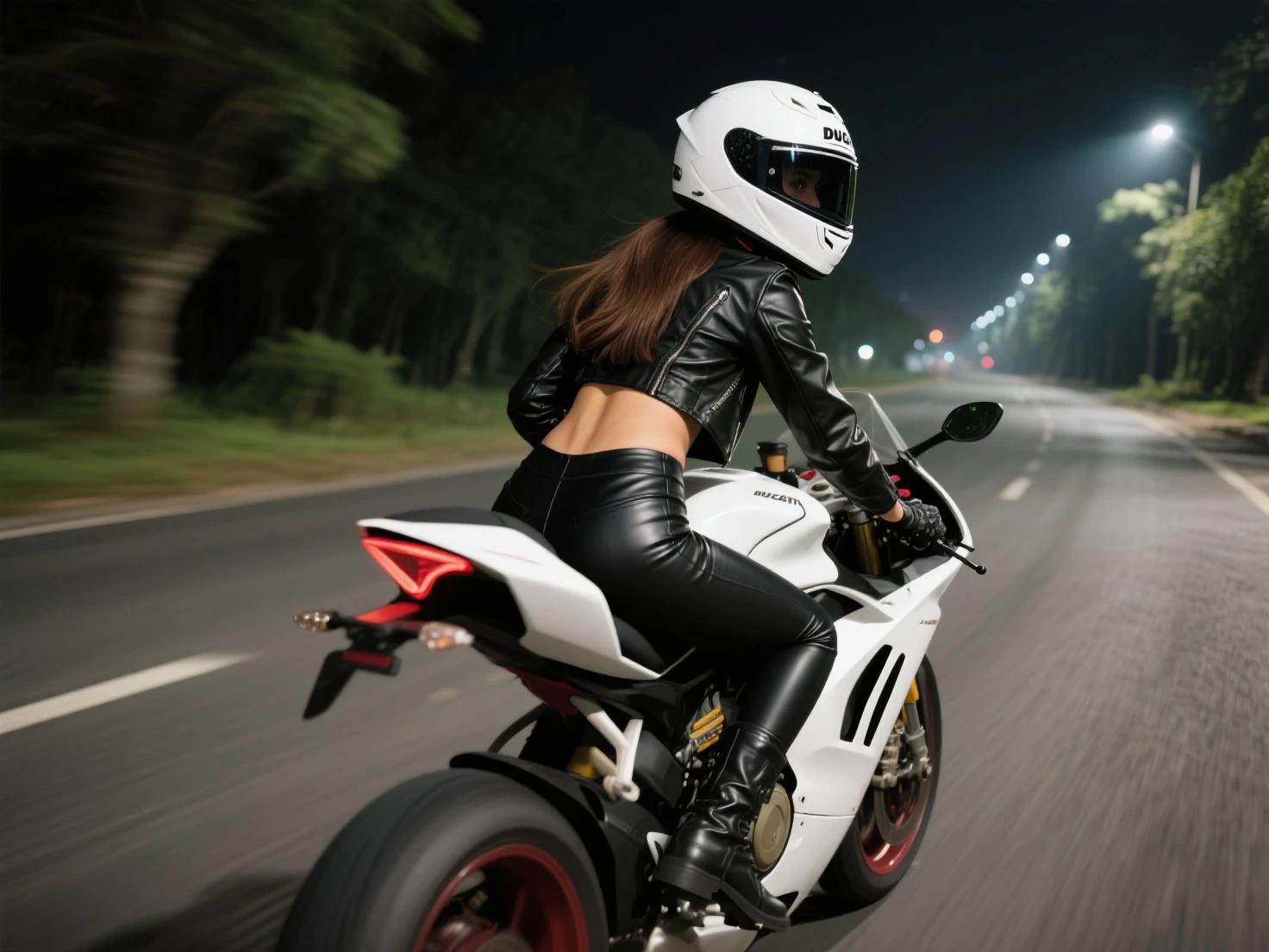 Mecha prosthesis,Wearing a cyberhelmet,Wear short skirts and stockings,Long legs, sitting on cyberpunk motorbike,