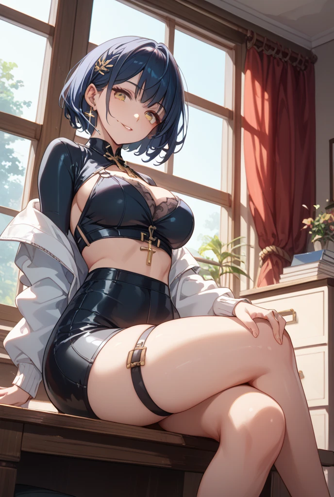 Crotch open and squatting, sitting, legs spread wide (Anatomically correct),((highest quality)), ((masterpiece)),(detailed),Perfect Face, anime,Game Characters,2B,Yoruhano. 2 Type B,Nier Automata, Blindfold,Black eye mask,hair band, Super Beauty,Shiny silver hair,Short Bob Hair,High resolution,Second dimension beautiful girl, Big Ass,Big Breasts,glamorous_expensive_Tight waist_Long legs,curve, gleaming skin,Camel Toe,Cathedral,Stained glass,Stone pedestal,