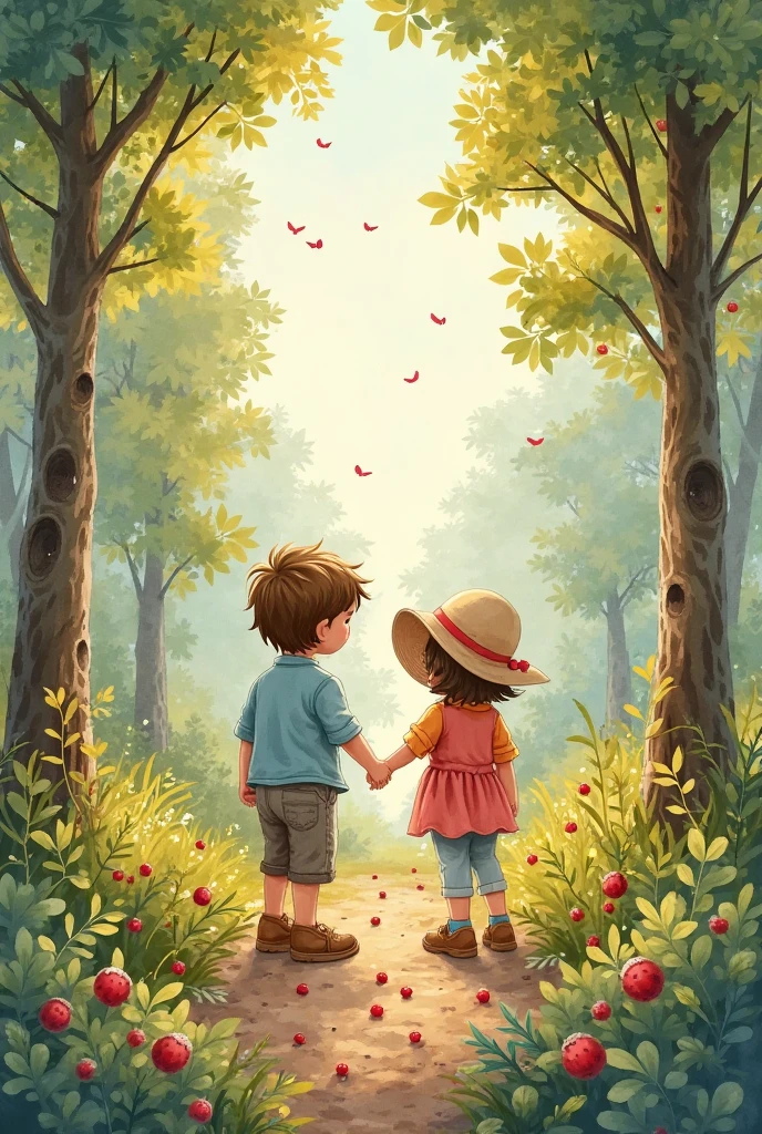 Under the big tree,Cute boy,Cute girl,meet,laughing,Holding hands,Pastel drawing
