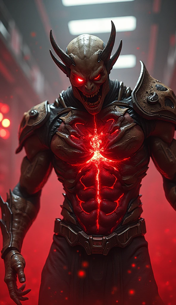 Whiplash, horned, cyborg, alien, looking at viewer, evil grin, 
outside, dark, fire, lava, ember, hell, extreme detail, masterpiece, horror,  <lora:doom_whiplash:.9>