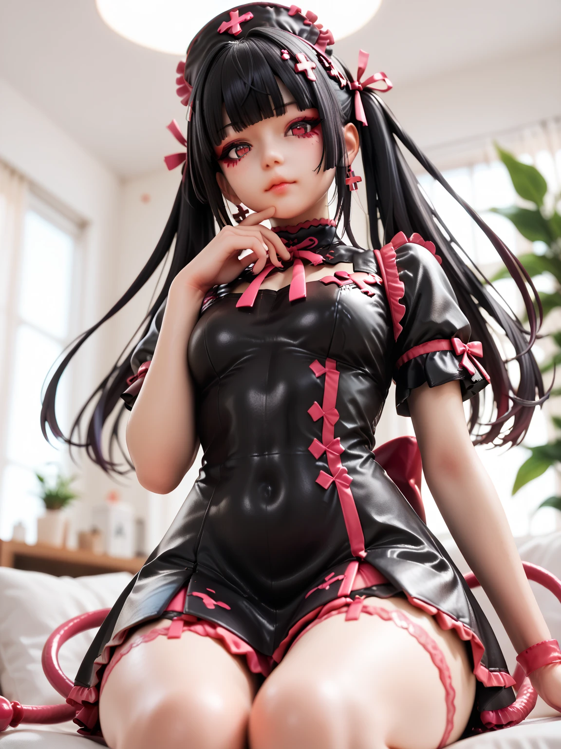 、Jewel-like eyes、full body、smile、Long black hair、(Purple Leotard)、Crouching