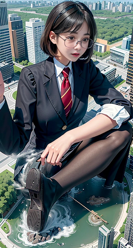 multiple girls, Giantの芸術, 非常に詳細なGiantショット, Giant, short hair, A high school girl who is much bigger than a skyscraper, wearing rimless glasses, big breasts, big ass, navy blue blazer, red tie, mini skirt, black pantyhose, pantyhose barefoot, Steam comes out from the soles of the feet, very small metropolis, miniature metropolis, crush the big city, full body description, GTS, ギガGiant, stomping city, crash city, small town, micro city, High resolution, highest quality, masterpiece, myself peeing