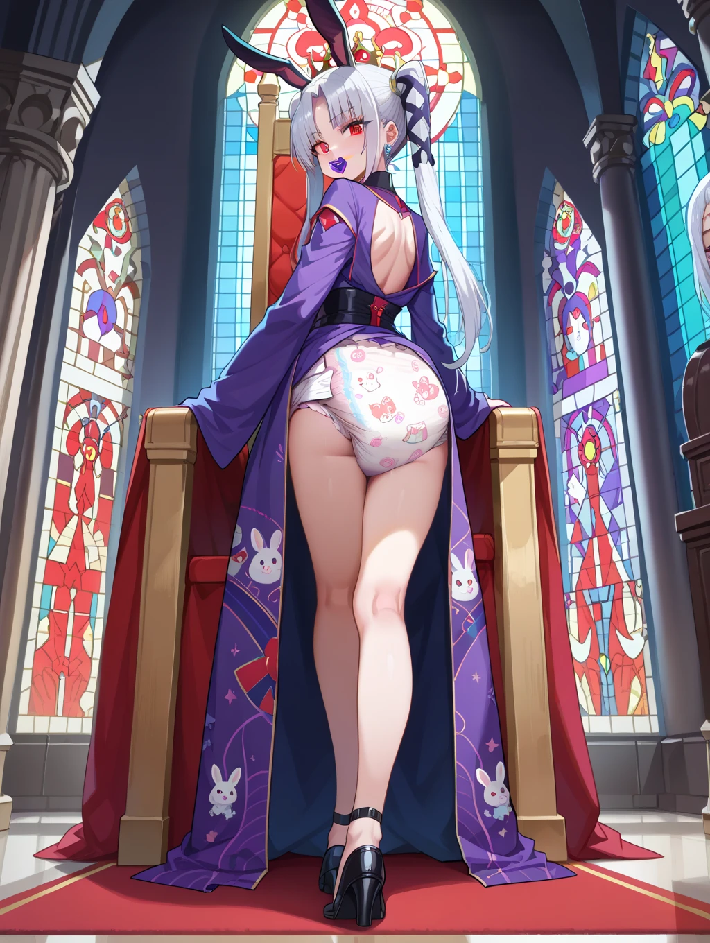 ((woman,((with a queen's robe and a crown)),((with ?????, large ?????, ????? penis)),((medium breasts,((white hair with ponytail, red eyes)),( (standing, in a haunted library, at night)) ,