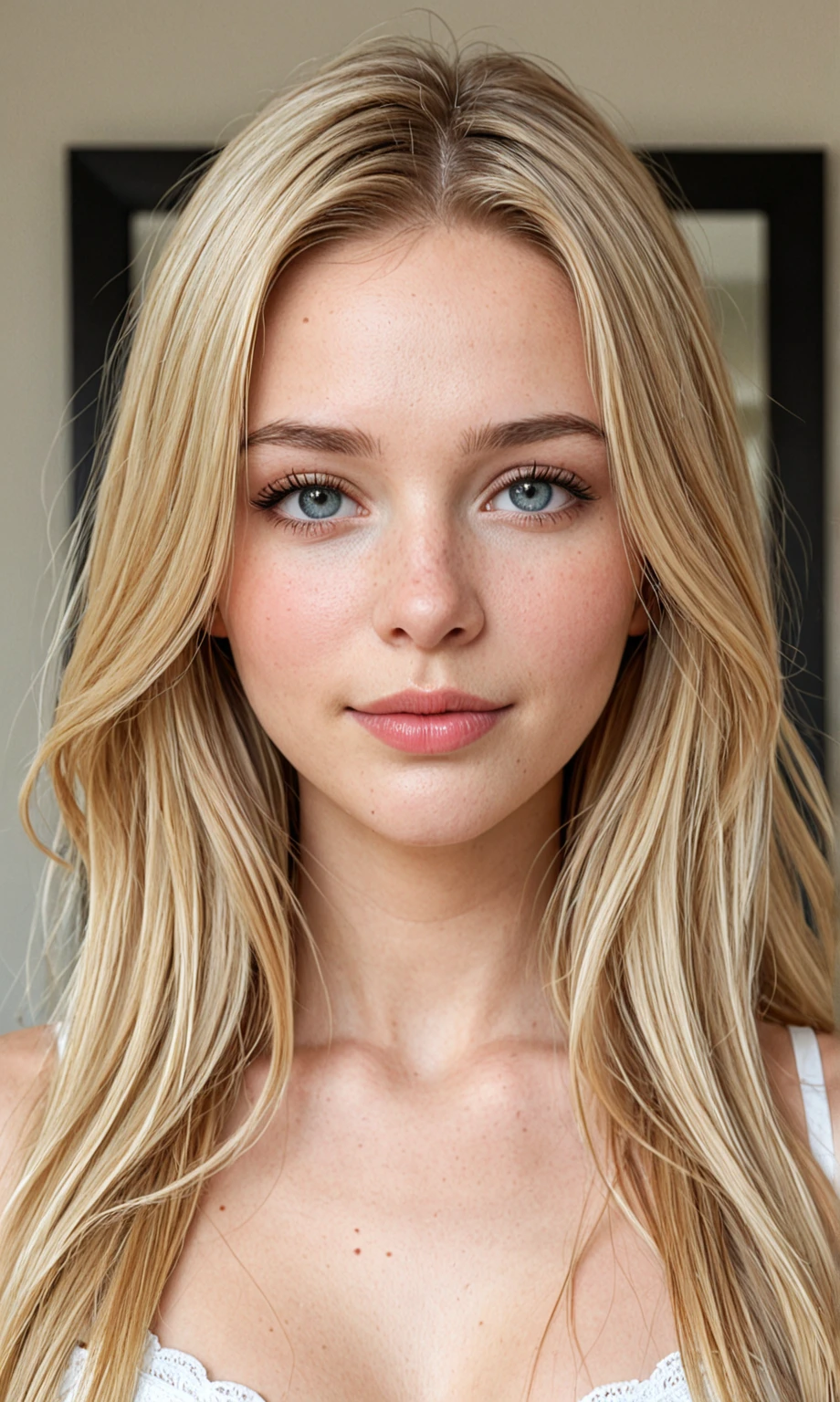 A captivating cinematic image of a 20-year-old girl with sparkling blue eyes and blonde hair, radiating joy and positivity, with a subtly upturned mouth revealing her perfectly shaped lips, intricate details, shallow depth of field, ultra-high definition, art-house film, mesmerizing, timeless masterpiece, critically acclaimed, exquisite, highly detailed, highly textured skin with a hint of natural blush (0.3), (goosebumps: 0.2), (the epitome of youthful beauty) (blonde hair) (long and wavy) (heart-shaped face) (slender body)