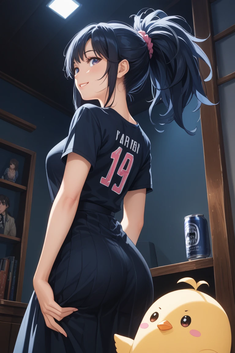 ((Masterpiece)), perfect anatomy, perfect shading, field of depth, (best quality), extremely delicate and beautiful, perfect lighting, detailed face, ultra cute face, cute, (cowboy shot 1.2), from behind, looking back at viewer, full body, (((1girl))), (((solo))), cheerleader

 medium hair, fluffy hair, black hair, brown eyes, ((blush))), (cheerleader uniform), (white tank top 1.2), (short section red skirt 1.2), thigh highs, chocker, extremely tight clothes, small breasts, cleavage, perky breasts, (wide hips), (((thick thighs))), (fat thighs), (((big butt)))

 School gym, intricate background, detailed background, sweaty, out of breath, 