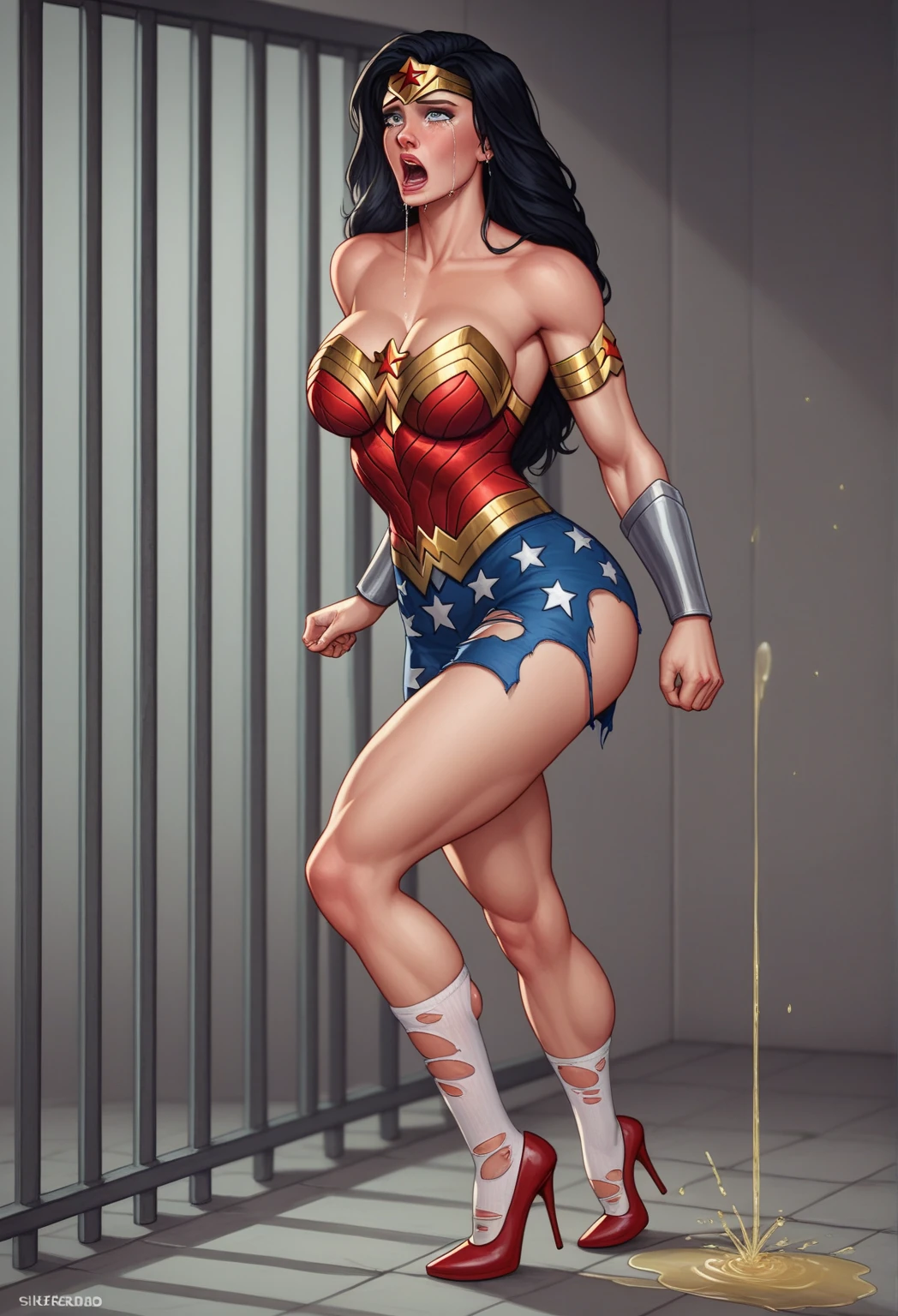 ((Full body photo, standing, feet on the ground)) IncrsPunchingArmstrongMeme, punching, BREAK, 1girl, beautiful girl, wonder woman,blue skirt, angry eyebrows, rise eyebrows, scream, (((shackles)), ((shackles and arms down, chain leads, metal collar, wrists tied)), bondage, slavery, restraint, BREAK, (1boy, standing on side, punching,hit her, hand punch), BREAK,(basemend wall backgroun, dirty, dark, creepy), best quality, masterpiece, arms up, comic style, cartoon source