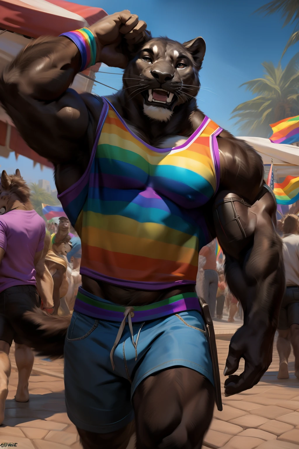 ((By Zaush)), ((By Chunie)), ((By Darkgem)), handsome, sexy, hot, muscular male anthro furry black Panther, celebrating at a pride day festival in the city. Male, feline, furry, Panther, muscular, muscular male, masculine, muscles, abs, pecs, biceps, clothing, wearing clothes, wearing a muscle shirt, muscle shirt, men muscle shirt, shorts, topwear, bottomwear, smiling, smiling at viewers, looking at viewers, detailed, detailed lighting, detailed shading, detailed fur, realistic, realistic fur, detailed eyes, nice eyes, perfect eyes, outside, outdoors, city, vibrant, celebration, having fun, pride month, pride, gay, LGBTQ, pride festival, pride flag, crowd, sexy male, sexy body, hot male, hot body, bara, big male, beefy male, beefy body, big muscles, big pecs, big biceps, naval, v- body shape, nice smile, nice muscles, nice pecs, nice abs, nice face, charming, sunny, daylight, full body, focus, rainbow flag, rainbow clothes, gay.