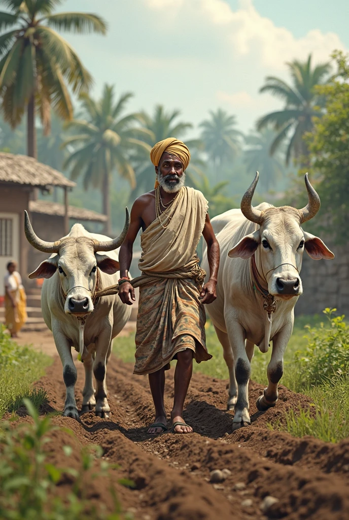 A main in india working in the farm to his ox