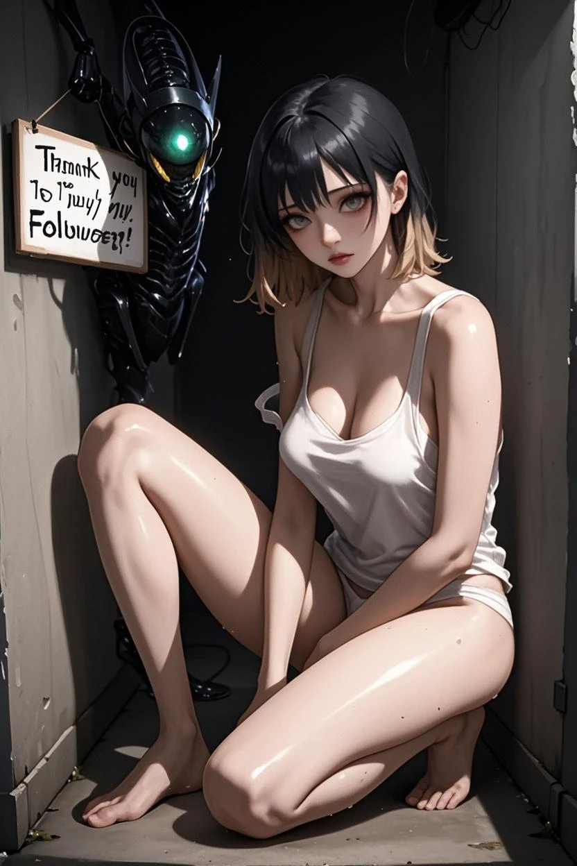 (masterpiece,Highest quality:1.3,best quality illustration),realistic,cowboy shot,1woman,30 year old Japanese beauty,Special Forces Female Soldier、((very small head:1.3)),brown short bob hair,bangs,brown eyes,gorgeous eyes,shy,tears,small breasts,((very long body:1.3)),((toned body,slender body,skinny,tan skin)),naked,nipples,navel、vagina,Wet crotch、Love juice、gleaming skin,shiny skin,sweat:1.3,squatting,spread legs:1.3,Simple bed、A cluttered bedroom、ruins、night、