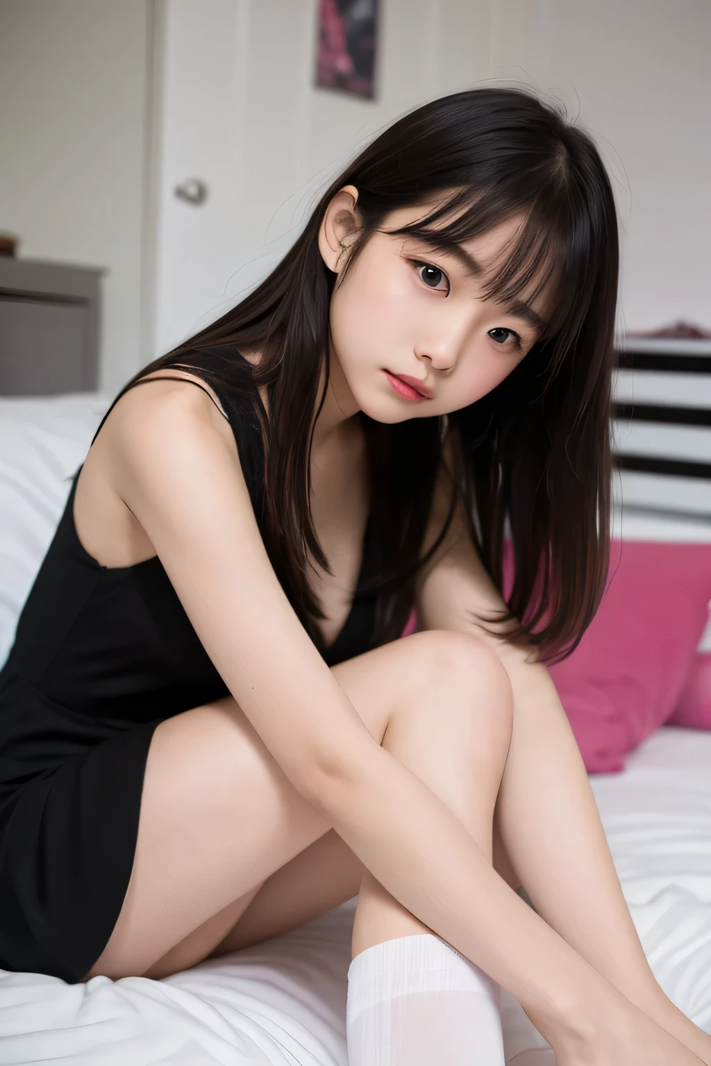 White room、Black sheer dress、(Highest quality)、((Very detailed))、4K、(8K)、masterpiece、Very detailedな、Highest quality、Super Resolution、1 person、Kind Face、Soft Light、RAW quality、Soft Skin、163cm、30 years old、knees