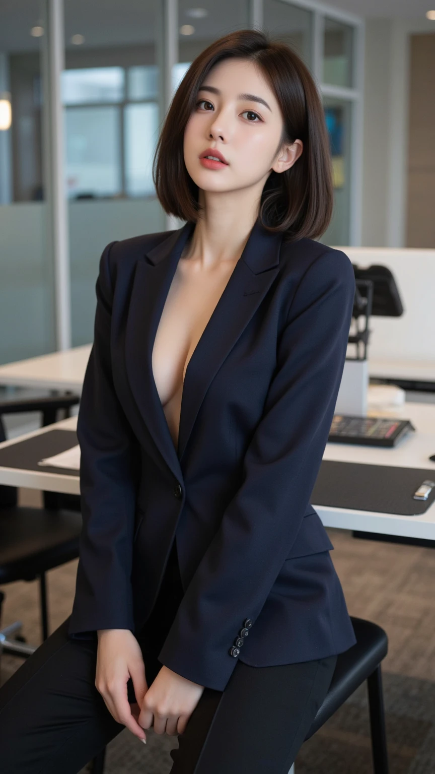 the Extremely Detailed CG Unity 8K Wallpapers, Best Quality, Ultra-detailed, masutepiece, Realistic, photographrealistic, extremely detailed cute girl, 30-years old, Secretary, Large breasts, blush, Parted lips, Naked black blazer , Office , Hotel , bed , Squat , (Showing panties)  , Half body shot , Parted bangs