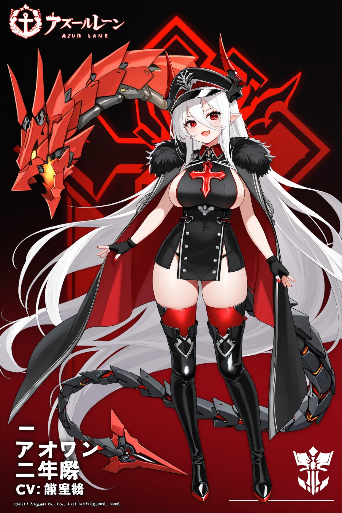 female, red eyes, robotic, (((1girl))), (((black metal nurse uniform))), (black cybernetic gauntlets), (black cybernetic boots), (black belt), (cybernetic angel wings), cute and sexy, full body, large breasts, large butt, long legs