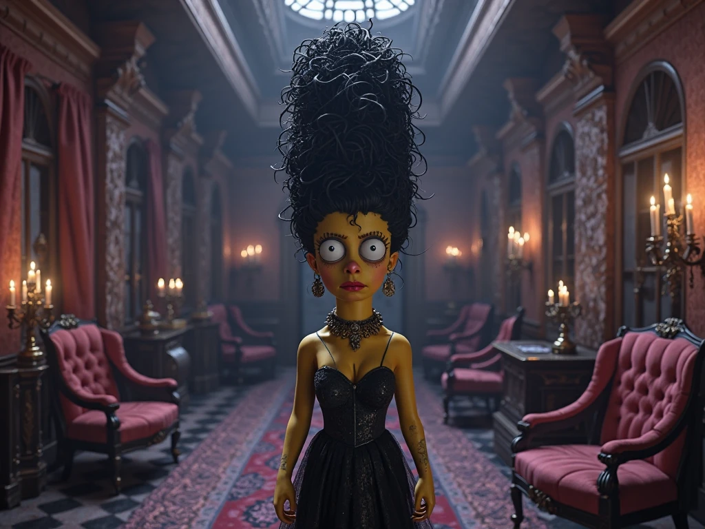 by TimBurton Animation <lora:TimBurton_Animation_offset:1.2>, (masterpiece, best quality, intricate, elegant, highly detailed, majestic, digital photography, surreal painting:1.3), (side lighting, finely detailed beautiful eyes: 1.4), hdr, portrait of beautiful 1girl, solo, (dark brown ebony skin:1.3), blurry, blurry background,( black african american afro curly hair:2), wide-eyed, (black rimmed glasses:1.3), horror \(theme\), dark red lips, dark, makeup, black eyes, (stitches:1.2), moon, night, dark, full moon, scenery, outdoors, sky, cemetery, tombstones, (dark red and (black lace:1.2) dress:1.2), <lora:add_detail:0.2>, RAW candid cinema, 16mm, color graded portra 400 film, remarkable color, ultra realistic, textured skin, remarkable detailed pupils, realistic dull skin noise, visible skin detail, skin fuzz, dry skin, shot with cinematic camera