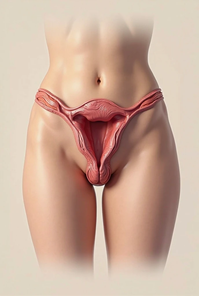 Create a realistic style illustration, in vertical format of a naked woman. With her legs open where her vagina and clitoris can be seen