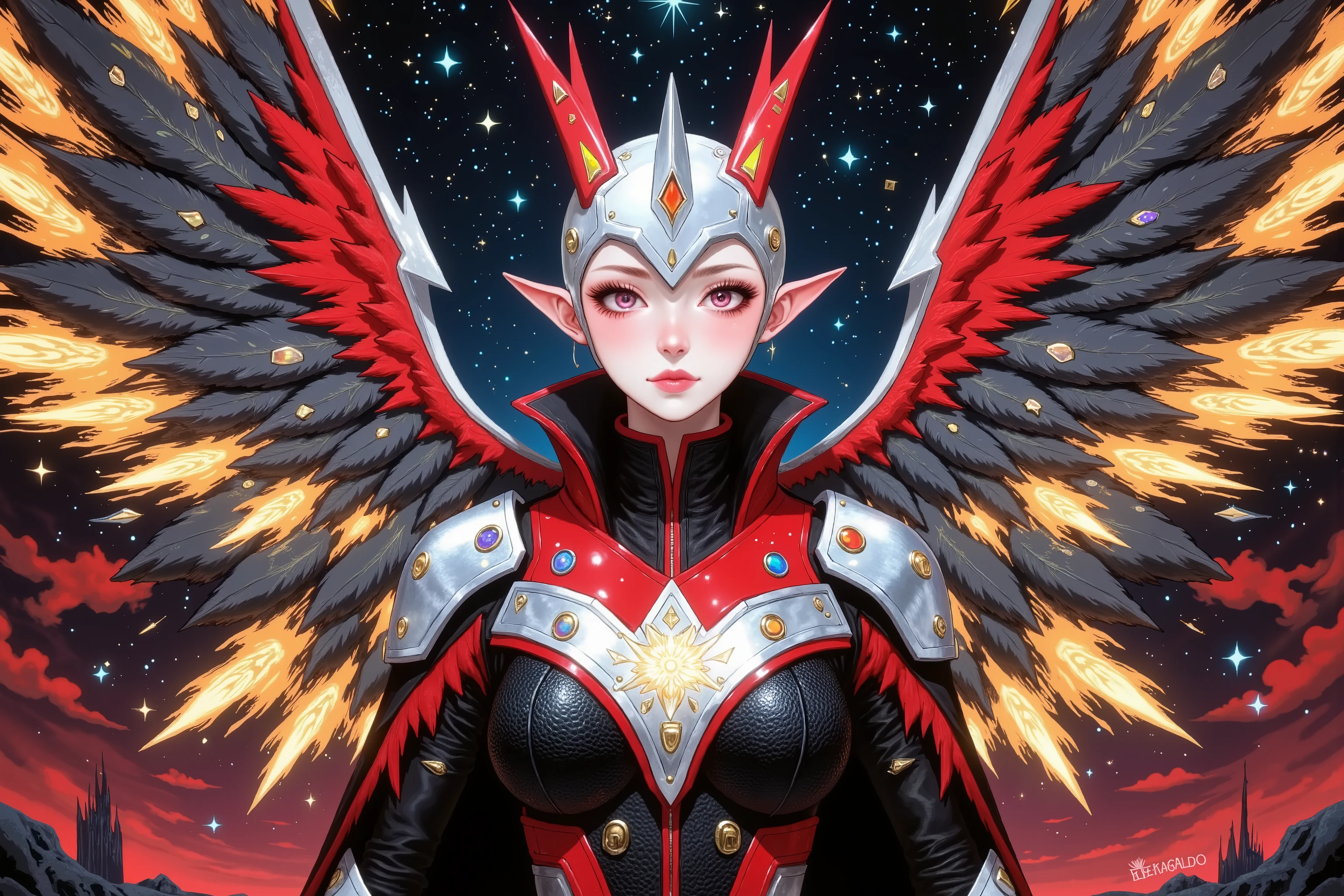 Under the castle is a suspended island,shows the sparkling wings of Ultraman。, she wears silver as a base、点缀璀璨金red纹路的战甲,on the surface of the female Ultraman,The texture is gorgeous and full of strength。war armor with huge wings of light stretching behind the,光翼由耀眼的金red光芒构成,edge of the head,The bright special effects of the Wings of Light and the ethereal in the cosmic background {x} Each wing seems to radiate warm and powerful energy。with fine starlight flowing through the edge of the head {x,with bright light in her eyes,some shining energy shards。showing a unique shining image of a female Ott,The wings of light shine with dazzling golden red light It forms,and war armor with bright golden red lines。colors use bright colors such as gold、red、and silver,highlights the brilliance of Ultraman、Strong and divine,to depict the flow of light in battle armor、The background is a cosmic space filled with faint nebulae,The energy core on the chest emits a soft halo 。