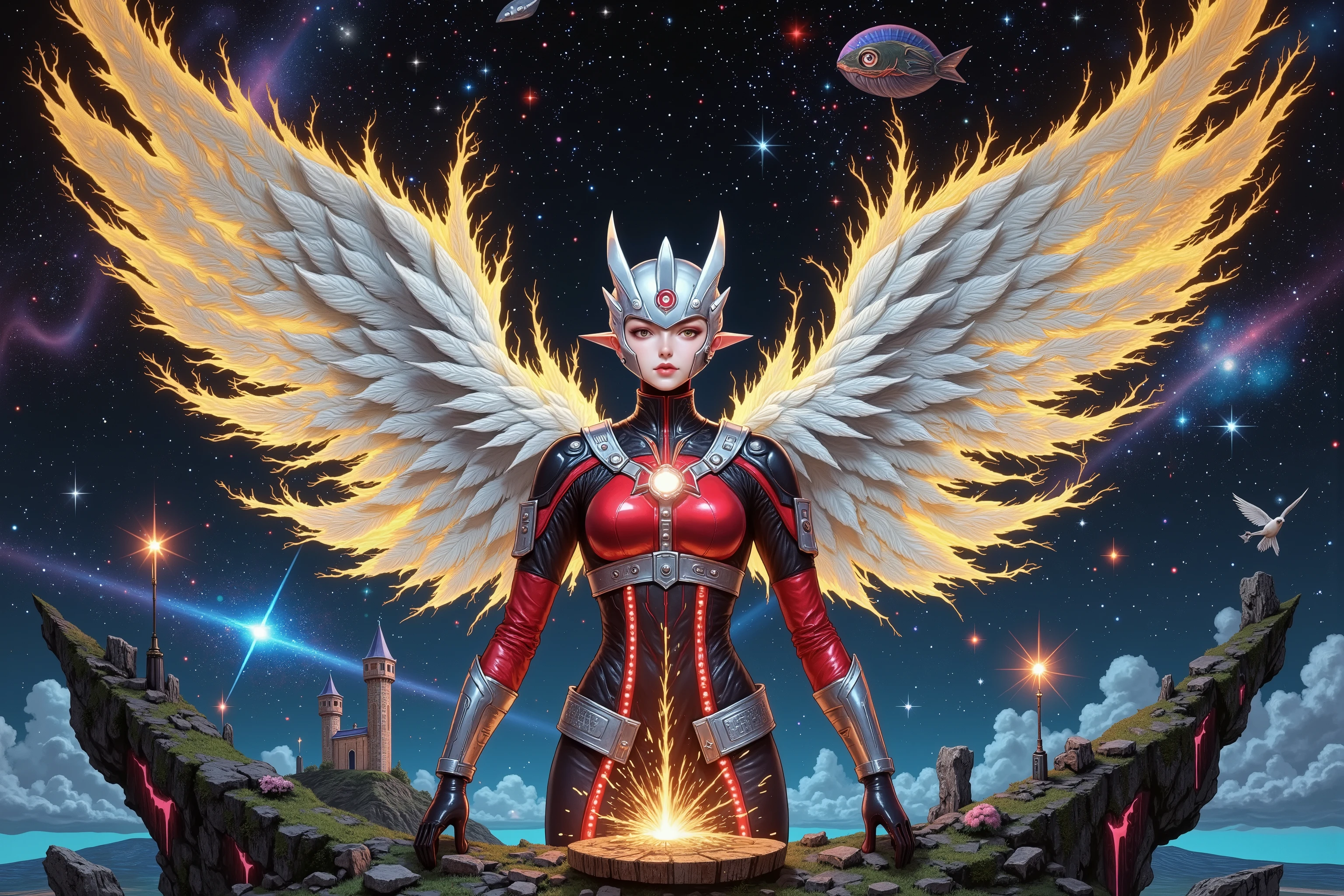 Under the castle is a suspended island,shows the sparkling wings of Ultraman。, she wears silver as a base、点缀璀璨金red纹路的战甲,on the surface of the female Ultraman,The texture is gorgeous and full of strength。war armor with huge wings of light stretching behind the,光翼由耀眼的金red光芒构成,edge of the head,The bright special effects of the Wings of Light and the ethereal in the cosmic background {x} Each wing seems to radiate warm and powerful energy。with fine starlight flowing through the edge of the head {x,with bright light in her eyes,some shining energy shards。showing a unique shining image of a female Ott,The wings of light shine with dazzling golden red light It forms,and war armor with bright golden red lines。colors use bright colors such as gold、red、and silver,highlights the brilliance of Ultraman、Strong and divine,to depict the flow of light in battle armor、The background is a cosmic space filled with faint nebulae,The energy core on the chest emits a soft halo 。
