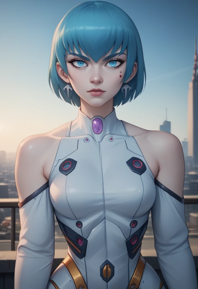 score_9, score_8_up, score_7_up, Cowboy Shot, Ayanami Rei, cute, seductive, innocent, light smile:0.3, plump lips, slender body, red eyes, short light blue hair, floating hair, white plugsuit, sunset, rubble in the background, 4n1v3rs3, depth of field, dynamic angle, fashion photography, sharp, hyperdetailed:1.15