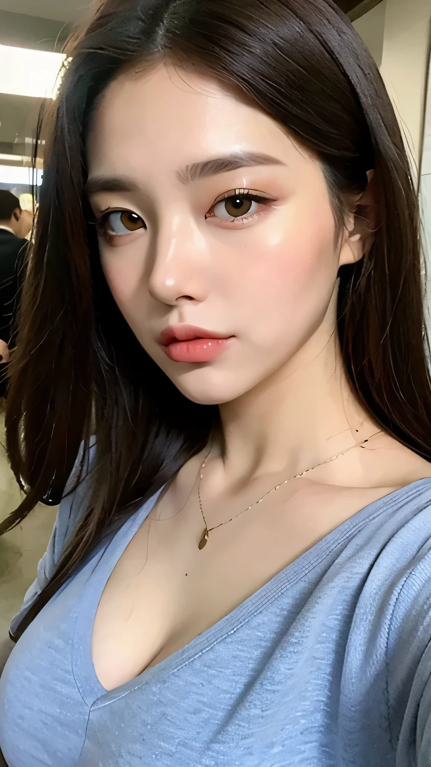 (1 Korean star of the royal sister style),((best qulity, 8k, The Masterpiece:1.3)), Focus:1.2, perfect figure beautiful woman:1.4 , (Funny expressions),(Streets at night:1.3), Highly detailed facial and skin texture, detailed eye, Double eyelid,Whiten skin,(Air bangs:1.3),(Round face:1.5) Wearing a shower cap on his head, just after taking a shower, wearing pajamas, taking a selfie in the shower