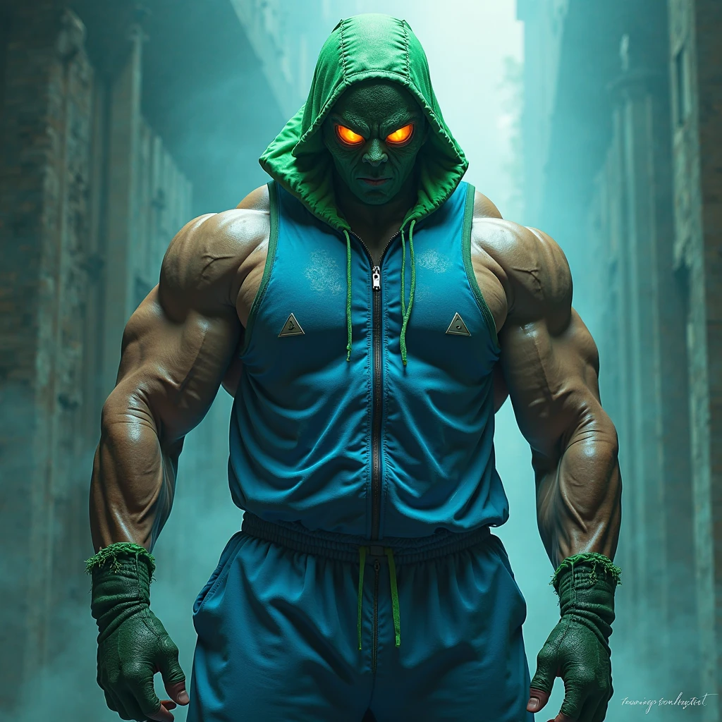 strong marvin the martian with black skin wearing muay thai outfit shirtless with bandage gloves
