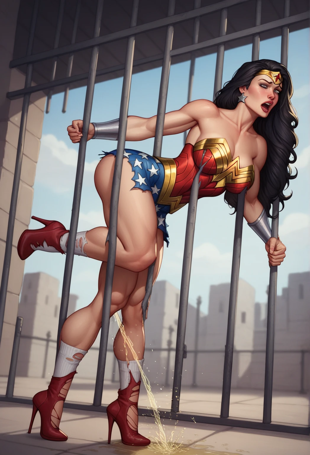 (((Uptown view))),((High definition face)),((Mulher maravilha arrested, algemada,arrastada de quatro patas pelas ruas da cidade)), ((Humilhada,derrotada,destruida)), ((emotional expression,expression of pain and despair, gritando de dor, expression of suffering, olhos arregalados)),(Wonder Woman forced to walk like a dog through the streets, arrastada pela coleiraescravizada,submissa), (She's crying a loa tem cabelo preto, ela tem cabelo longo)), ((She wears a dog collar around her neck.)), (Ela esta vestindo roupas imorais, she is wearing indecent clothes), (obra-prima, melhor qualidade) 1.5, 1 garota, sozinho, (sensual, mulher bonita, rosto perfeito, olhos perfeitos), corpo inteiro. ((She is wearing all black lace panties)), tears running down your face)), ((Mulher Maravilha em cativeiro Strappado, em seguida, using some fixation method, like a rope or chain that runs from the wrists to an attachment point above)), (((emotional expression,expression of pain and despair, gritando de dor, expression of suffering, olhos arregalados, expression of fear, corpo se contorcendo de dor))), ((She is barefoot with lace pantyhose with holes)), (((looking at the camera)))
