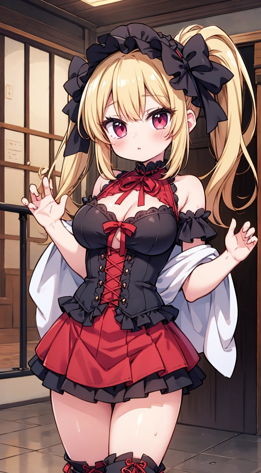 masterpiece, highest quality, (anime screencap:1.3),(shape), cute,(simple:1), (anime:1.2),Solo Sharp Focus, 1 girl, cleavage,looking at the viewer, Japan,nighttime,gold hair,((mini skirt)),Are standing, twin tails,summer ,((Black Gothic Costume)),red ribbon,dark gothic,abandoned house,lolita fashion,hair ribbon,cowboy shot,in the nighttime,Fullmoon,rainy days,(Ruins house1.1),（Abandoned house1.1),large breasts,dark,