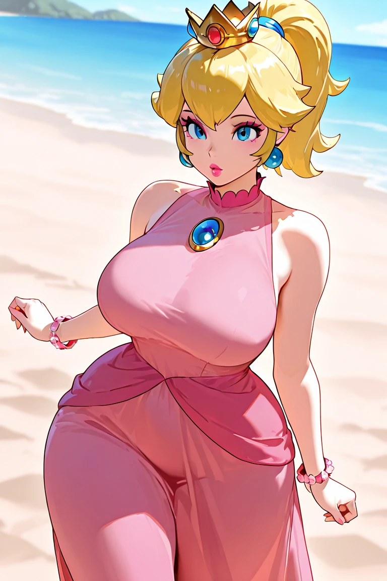 masterpiece, best quality, 4k, high res, detailed, detailed background, beautiful blue eyes, CARTOON, ANIME, CARTOON ARTSTYLE, detailed face, highest quality, 1girl, solo, long hair, looking at viewer, blue eyes, blonde hair, hair ornament, navel, jewelry, swimsuit, flower, bikini, earrings, outdoors, necklace, lips, eyelashes, ocean, beach, sunglasses, eyewear on head, sunset, sarong, flower necklace, princess peach, huge breasts, thick thighs, cinematic lighting, sunset, hands on hips, puckered lips