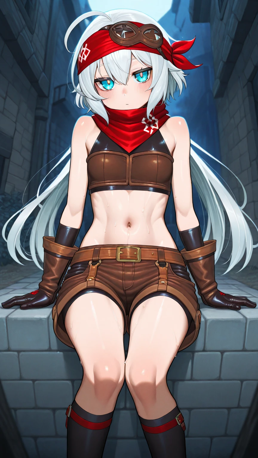 (masterpiece:1.2, best quality), (real picture, intricate details), alisaie, (alisaie leveilleur (final fantasy)), 1girl, elf ears, red jacket, thigh boots, white shorts, fit female, realism, Detailed, intricate, sharp focus, Ultra-detailed, detailed pupils, puffy lips, skindentation, (intricate detail), (Soft Lighting), Charming smile, white hair, small tits, bare chest