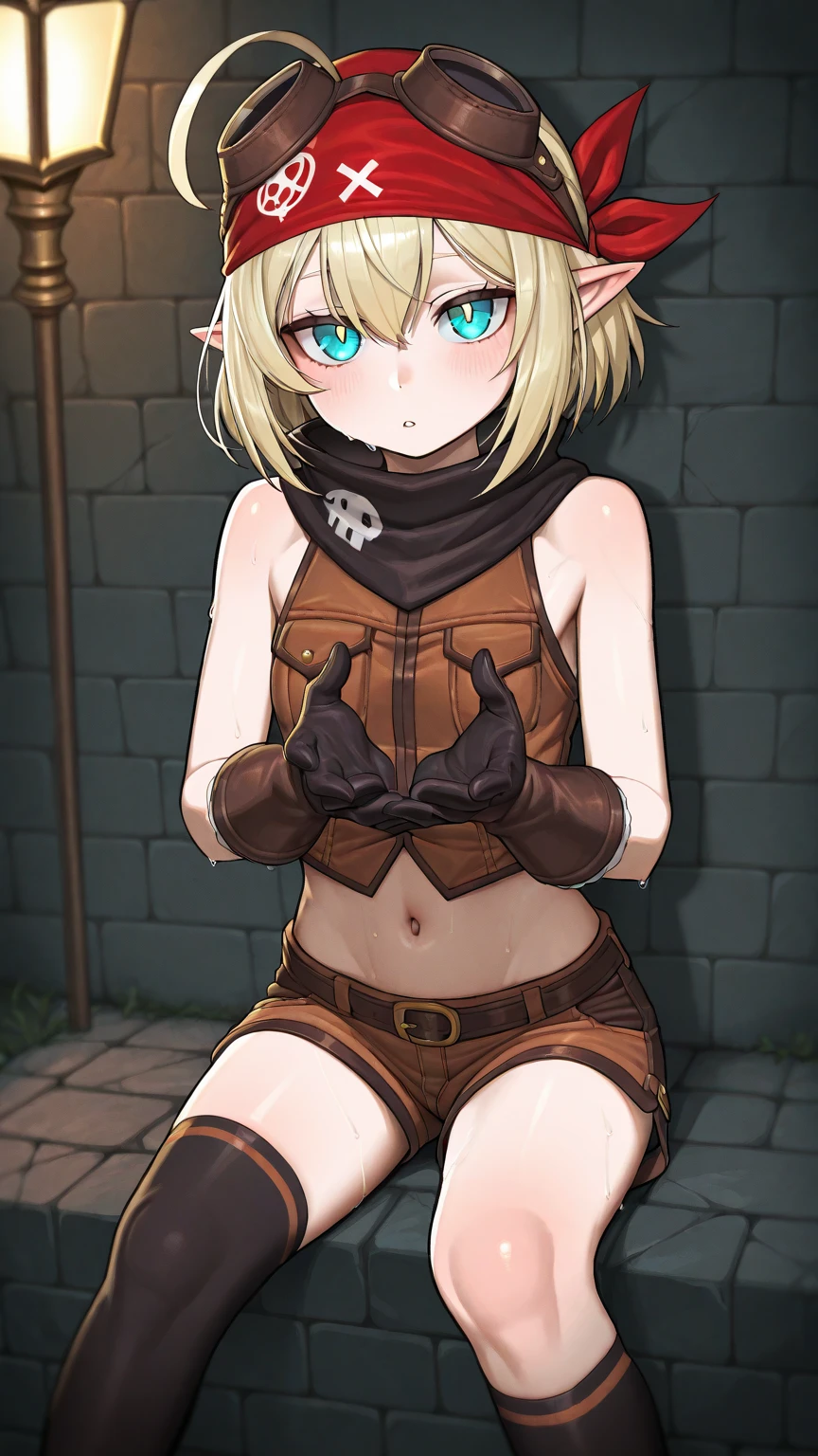 flat chests, nsfw, masterpiece, 1 girl, erect nipples, intricately detailed, topless, navel, bare shoulders, necklace, blonde, short hair, baggy pants, dwarf, leather belt, hammer, blacksmith, smithy, stones, rocks, extremely detailed, photorealistic, octane render, 8 k, unreal engine, bare breasts, , yellow eyes, head goggles, bare stomach, sweaty, moist breath, ((child)), arm strap, fire, one side braid, 1 ear exposed, bangs, bandana, short stature, smiling, freckles, gloves, fireplace, cargo pants, petite, holding a hammer, open mouth