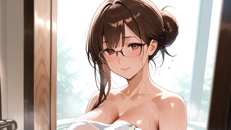 NSFW、1人の女性、brown haired(Curta)、Brown eyes、Black-rimmed glasses、 Best Quality、ultra-detailliert、8K resolution、Raw photo、masutepiece、seductive boobs、gorgeous faces、Perfect body、Night Ryokan、outdoor bath、a smile