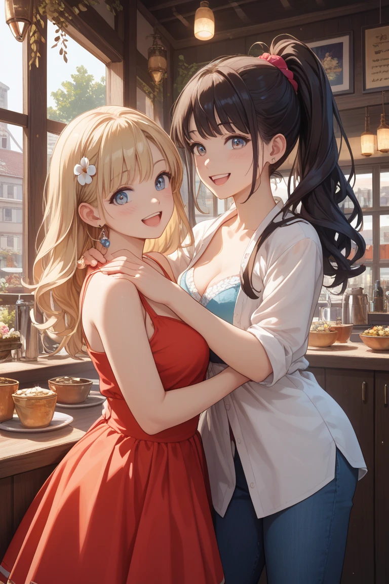 highest quality、High resolution、Detailed Background、(Beautiful face in every detail:1.4)、Anatomically correct、(Hide your fingers:1.3)、(Detailed facial expressions)、(Detailed eyes:1.2)、(Detailed eyes:1.2)、Beautiful women in their 20s、(Highly detailed face:1.4)、Cute hair colour、well-groomed eyebrows、(Huge breasts:1.2)、Bobcut、Long Hair、Hairstyles that add waves and curls、Cute hairstyle、Cute Eye Makeup、Cute Lip Makeup、Perfect body line、
(Two beautiful women spending time in an elegant and extraordinary space:1.5)、
Wide々Sitting on the private terrace of the villa、Spend some time relaxing、With a cool drink in hand、The way she relaxes elegantly is wonderful.、While looking at the beautiful scenery、Enjoy a conversation with your partner、
Walking along the private beach、Enjoy the view illuminated by the setting sun、Walking along the beach, holding hands、Spend time alone with your partner、Enjoy a cocktail at the beachside bar、watch the sunset、
Overlooking the blue ocean of Miyako、Resort with private beach、The rooms have wide ocean views.々Villa type、Spa and Fitness、Fully equipped with various water activities、High-class service and delicious food are a big hit、
A summer dress with an off-the-shoulder design gives a cool feeling、
Elegant materials such as silk and chiffon create a luxurious feel.、
The medium length and A-line silhouette are cute and mature.