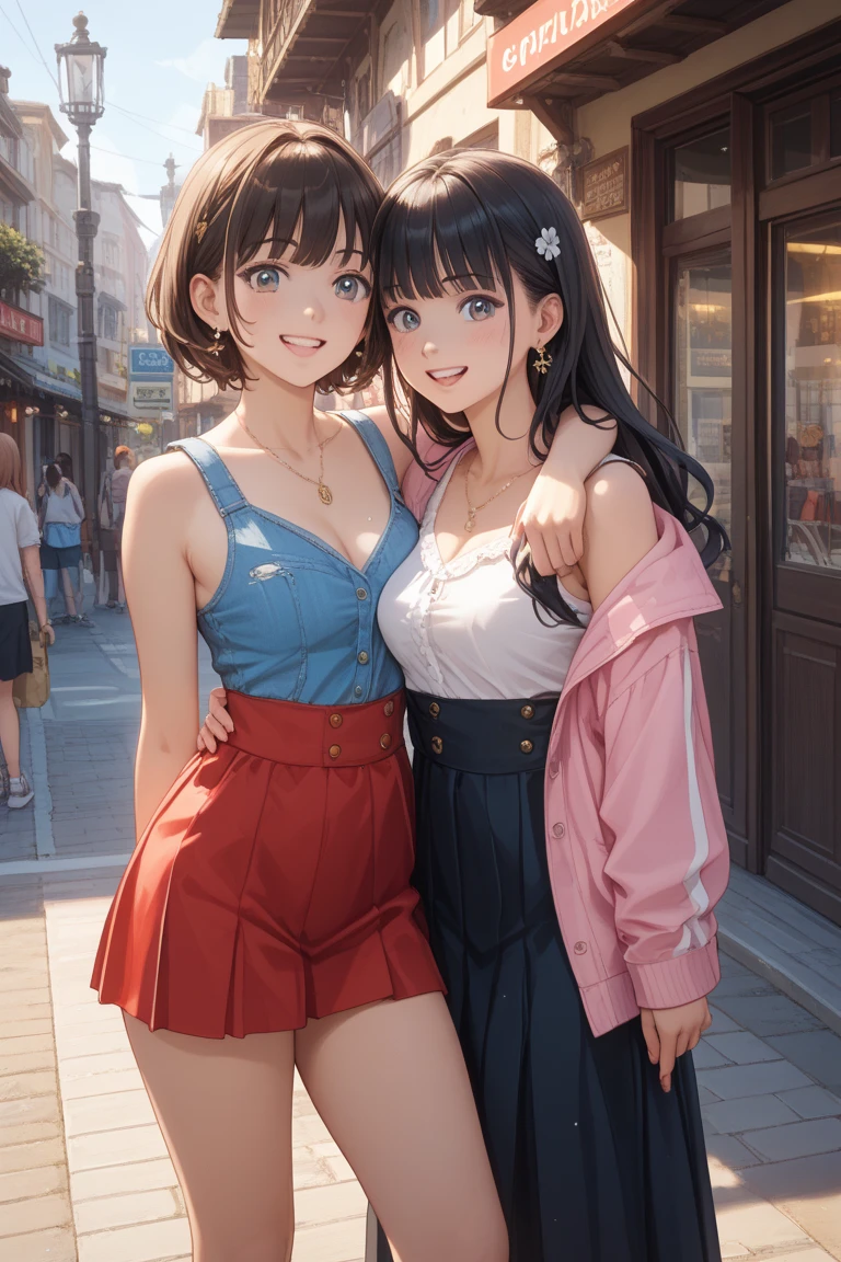 It shows 2 girls in a picture, one who is Ruka sarashina wearing a white shorts and blue blouse, the other girl who is Chizuru mizuhara wearing red skirt and blue blouse, in the city, smiling both