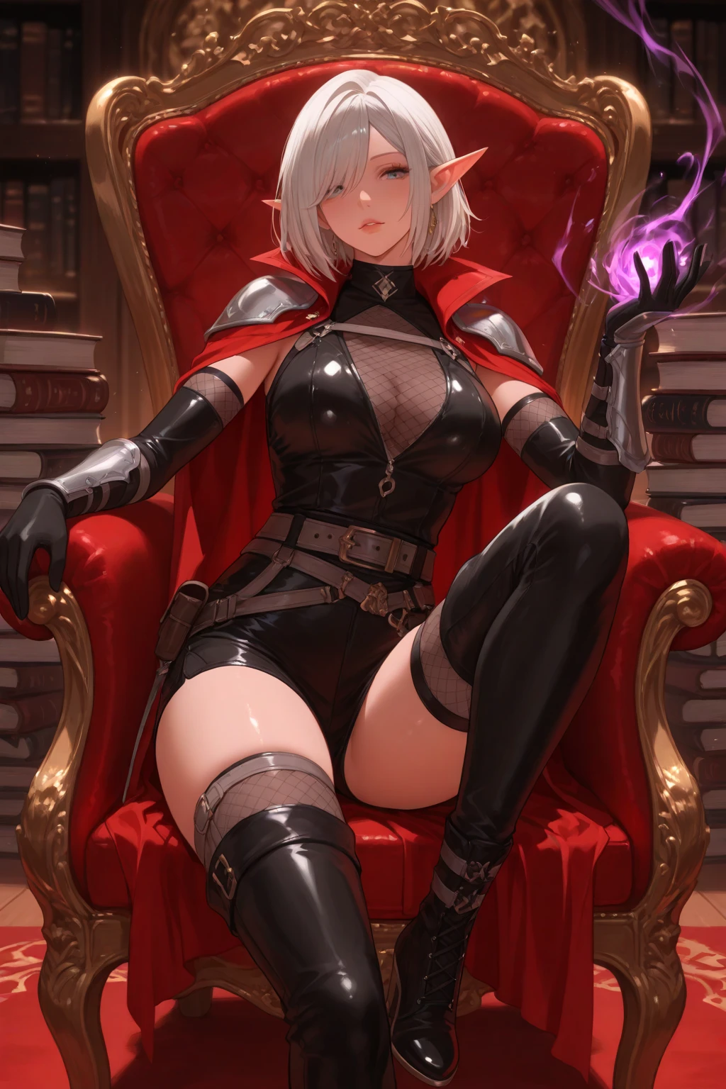 little Red Riding Hood，Fantasy World，White short hair，Sexy body，tall，slim，Wearing tights，Red and gold eyes，With a musket in his hand，Wearing black，Hair with red highlights，Wearing leather armor，Metal arm armor，Wears a red hood，Wear a shawl，The shawl is very short，Wearing long boots，side fringe，Hips，Royal sister，Demon hunter，High and cold