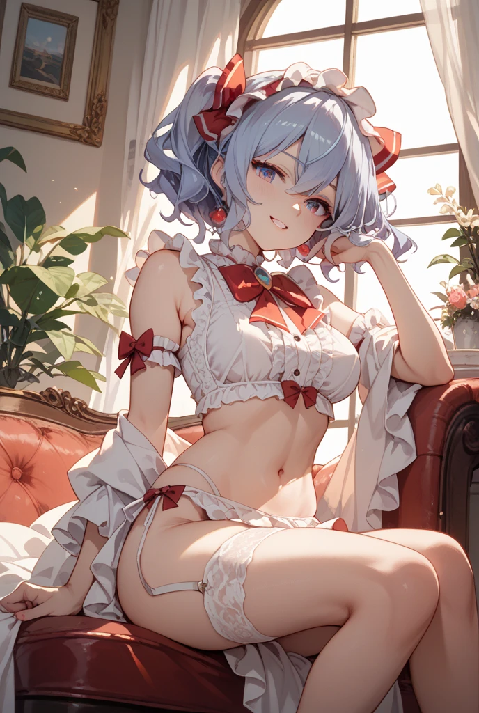masterpiece、Highest quality、Highest quality, (Long, slender legs, shoes:1.2), (squat, Spread your legs), 1 girl, (smile、Open your mouth大笑い:1.2), Cute eyes, (Detailed face:1.3)、Open your mouth, The whole face turns red, alone, Oversized breasts, Big and ample breasts, (Straight bangs, Bobcut), (White maid outfit:1.2)、(Nipples、Ultra-micro bikini that only covers the bust digs into the skin:1.2)、Side bust、Underbust、belly button、Walking through the mansion'corridor、Browsing Caution、shoes下