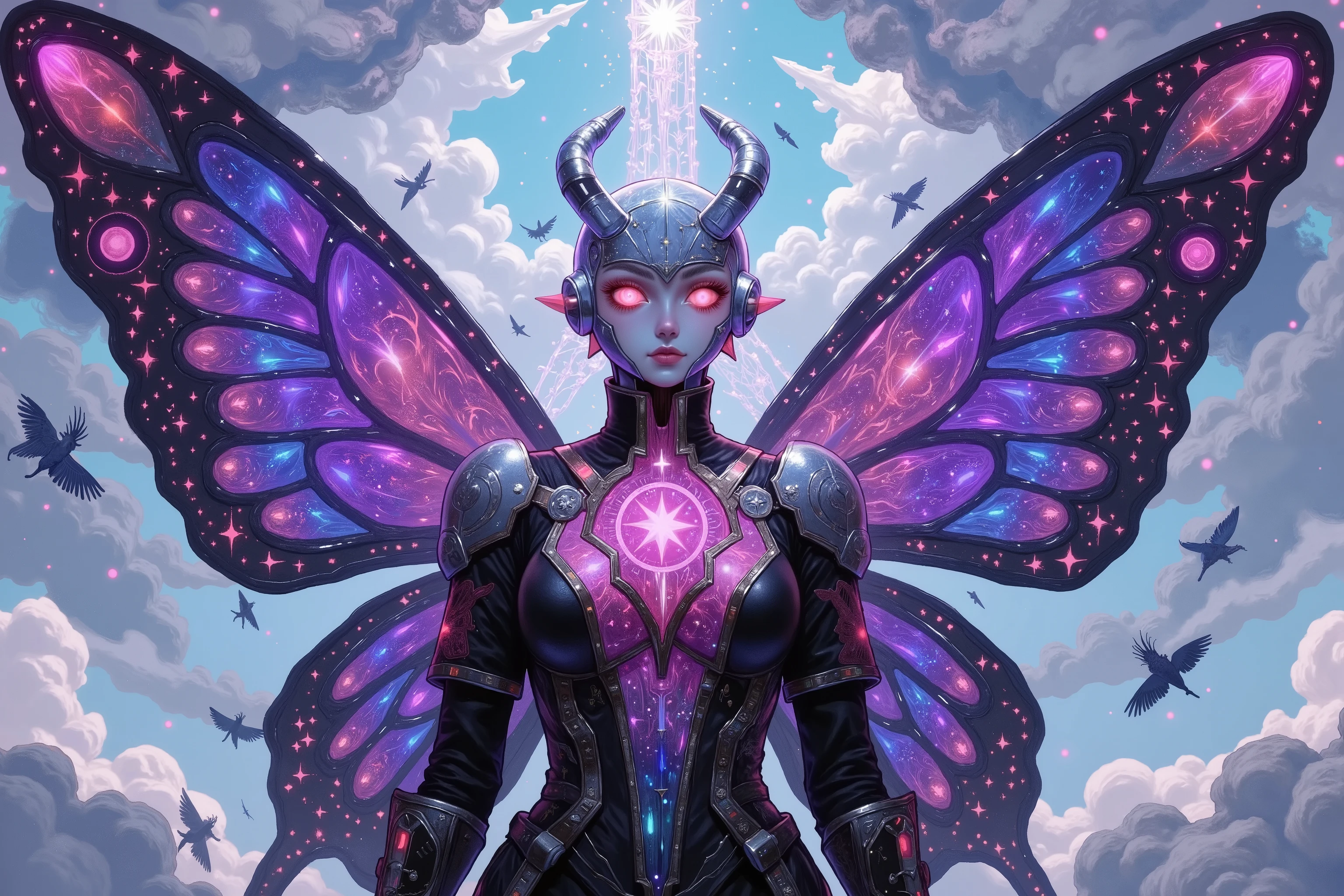 Under the castle is a suspended island,showing the crystal butterfly Ultraman's head。她身着粉Purple为主色调、with crystal embellished battle armor,The surface of the armor reflects a dreamy halo,seem to contain mystical energy。背后是巨大且梦幻的粉Purple蝶翼,Her wings are crystal clear,with star-studded light。The helmet design is exquisite,Her eyes exude a soft glow,The energy core on her chest echoes the crystals around her body,to exude a bright halo。The background is covered with clouds、A fantasy space where stars and crystal fragments twinkle,creates an ethereal and gorgeous atmosphere。colors use pink、Purple、, soft tones such as blue,highlights Ultraman's fantasy、Mysterious and powerful,depicting war armor、The crystal texture of the butterfly wings and the fantastic feeling of the background,showing unique crystal butterfly wings Female Ott image 。