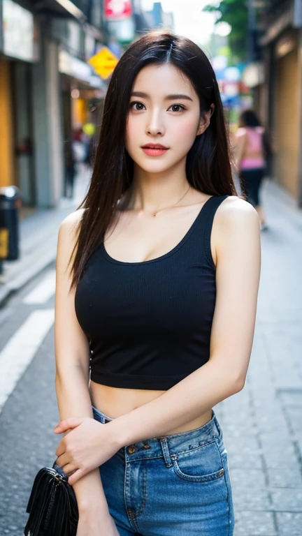 A girl around 26 years old,simplicity,Extremely beautiful and delicate,(light make-up),black color hair,A sweet smile,Delicate and beautiful fair skin,Realistic and realistic,exquisite and complete facial features,Detailed depiction of the face,tall nose bridge,Red lips,Beautiful, gentle and beautiful girl,Smooth hair,Extremely delicate hair,Feminine temperament,Fill your face light,hyper realisitc,photorealestic,8K quality,extremy detailed,Realistic details,Works of masters,Realistic to the extreme,big breasts body,Beautiful,Pure desire,Stunning beauty,Peerless beauty,Highest image quality,8K分辨率,goddes,ssmile,Fine facial features,Hair over the shoulder,A brown-haired,Large long thick legs,(((High-waisted French top))),(((short skirt))),rays of sunshine,facing at camera,The body is well-proportioned and firm,Gentle eyes,exposing thighs,stand posture,Stand inside the mall,Full body photo