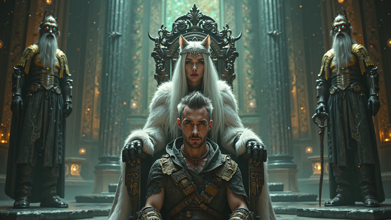 there are two women sitting on a bench with lion cubs, cyber steampunk 8k 3d, serge marshennikov, highly detailed 8k ❤️🔥 🔥 💀 🤖 🚀, she is dressed in shaman clothing, award winning 4k photography, mechanical implants, steampunk horse, artem demura, panoramic anamorphic, tom bagshaw and apterus sabbas --auto --s2