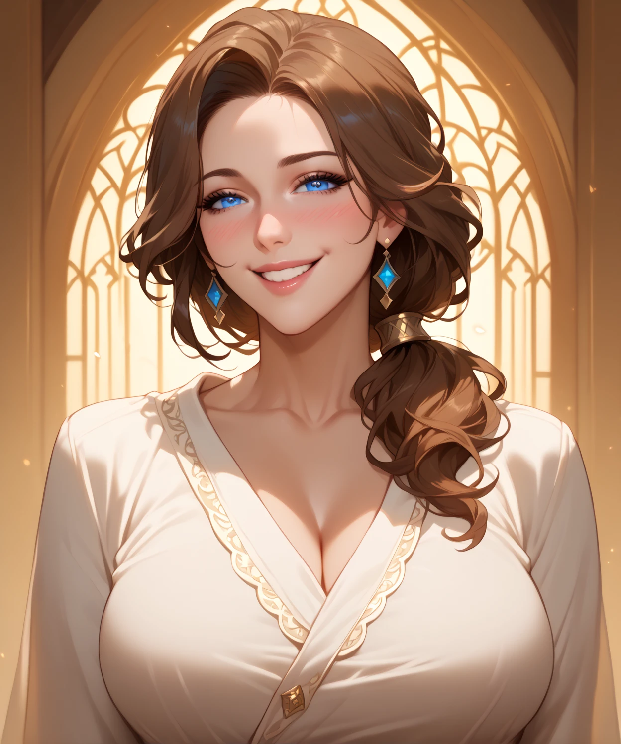 (  Absurdly , High quality , ultra detailed ) ,( hand detailed ) , 1girl, solo, mature, very long hair, sunflower hair , beautiful crystal eyes ( eye detailed ) Baroque, Necklace, long dress, long sleeve, elegant, colorful, highest detailed, upper body , with the river and sunflowers