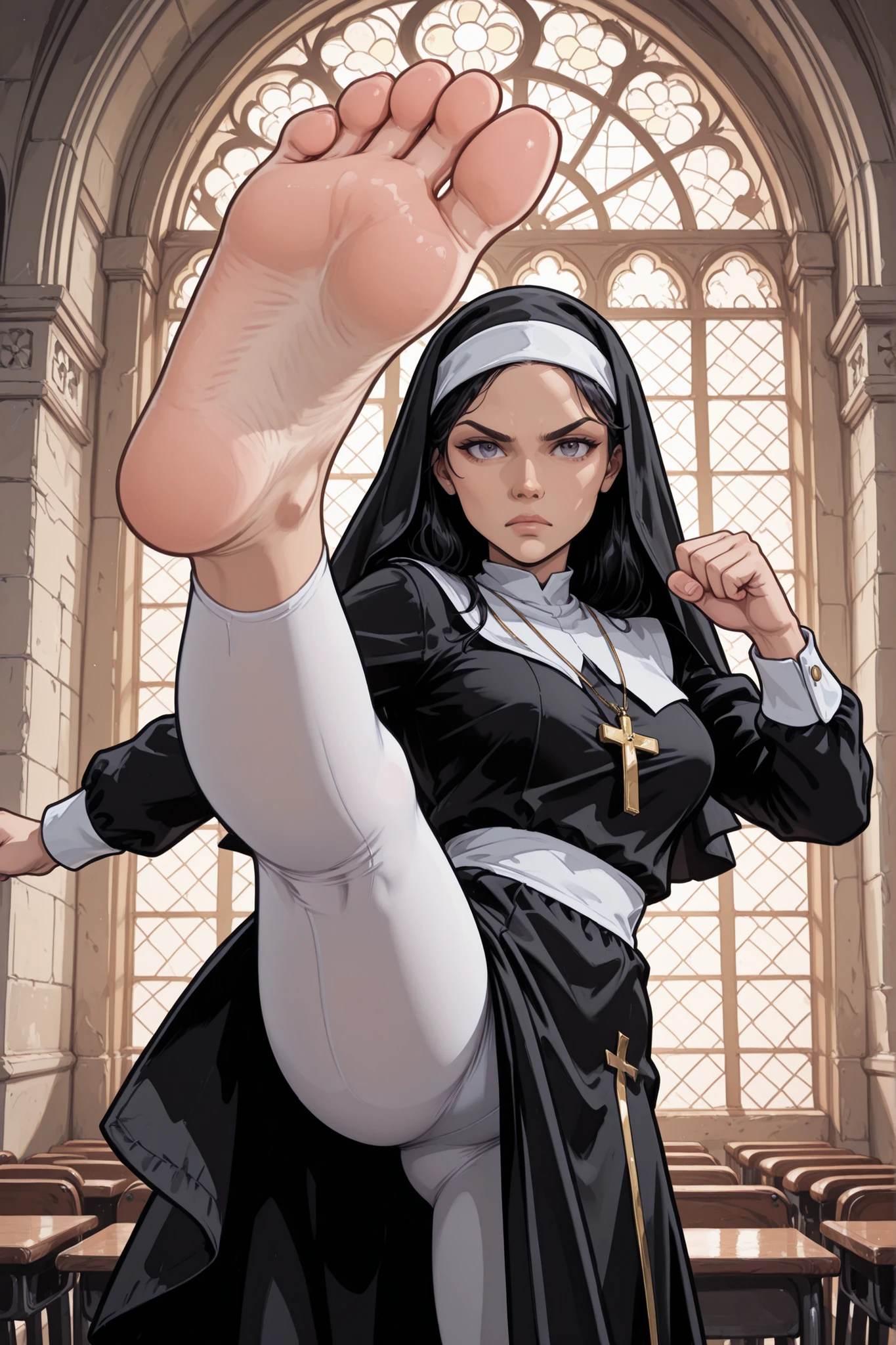 foot_focus, 1girl, solo, nun_costume, serious, white_leggings, barefoot, soles, toes, high_kick, looking_at_viewer